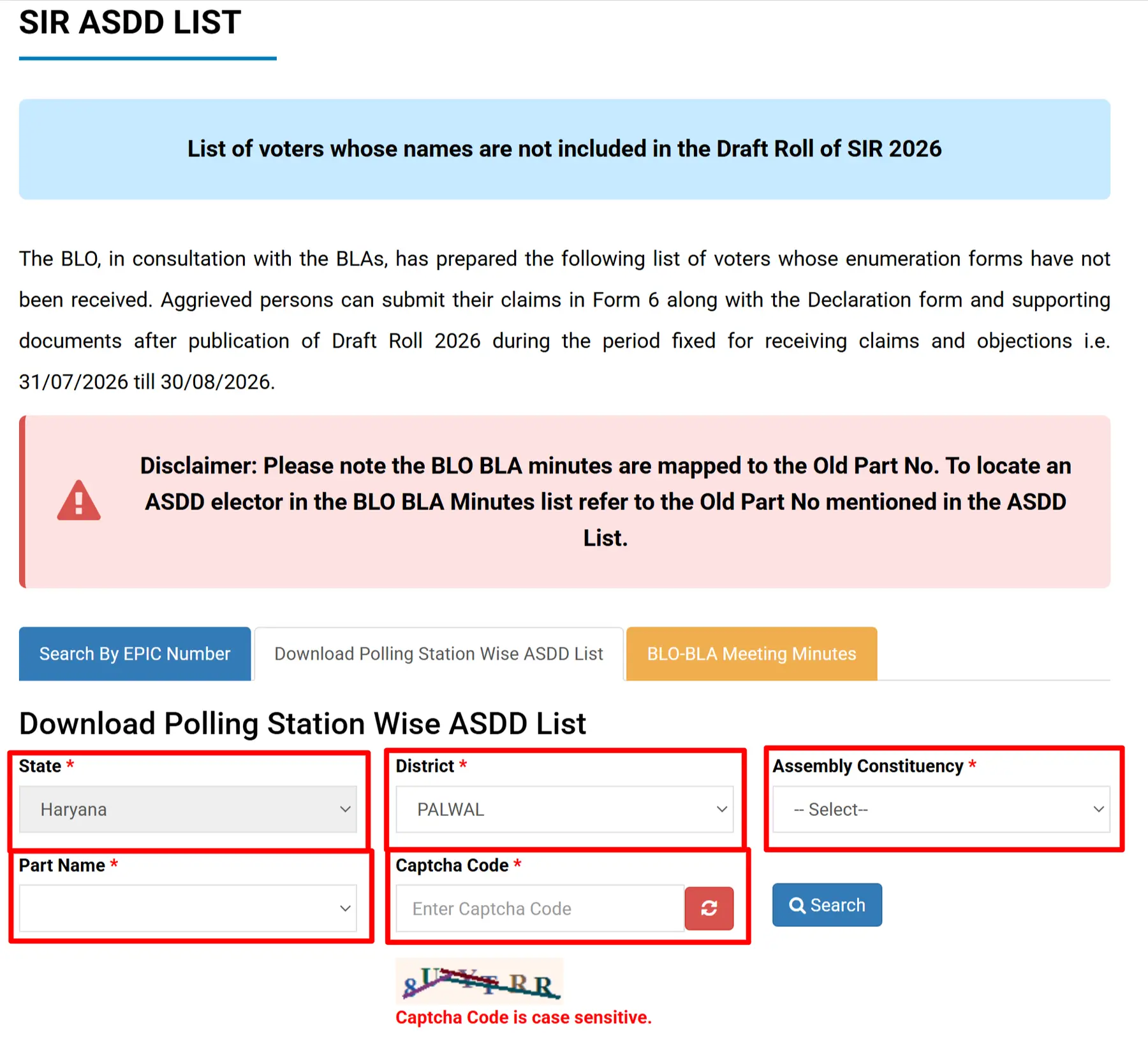 Select State, District, AC & Enter part Name
