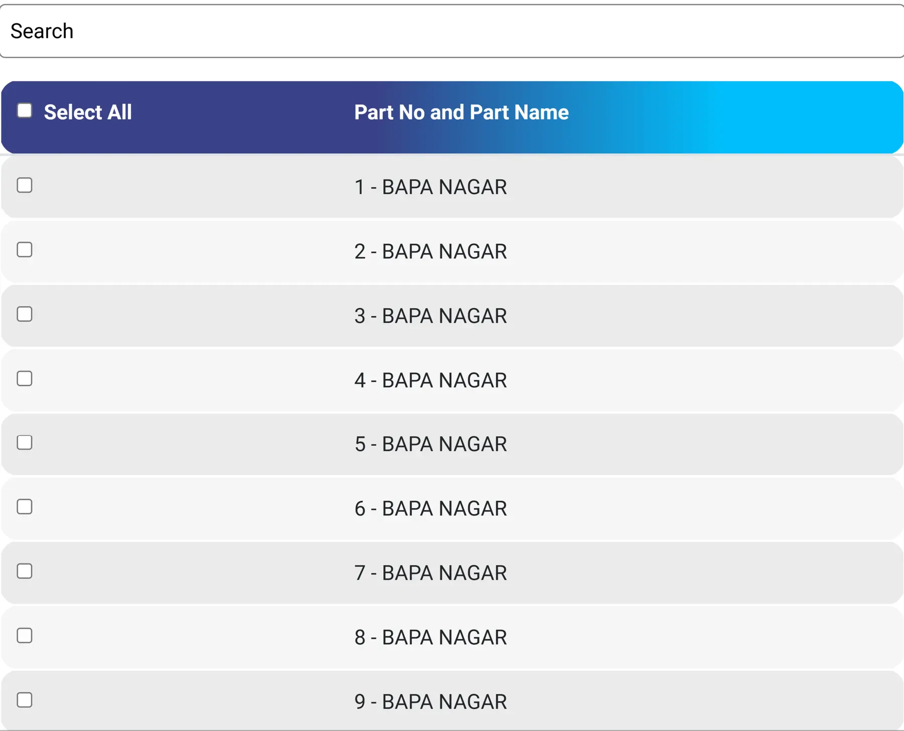 Select Part Number from List