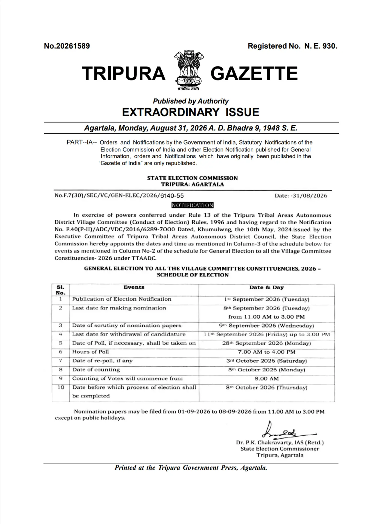 TTAADC Village Committee ELection Schedule 2026 - Official Notification